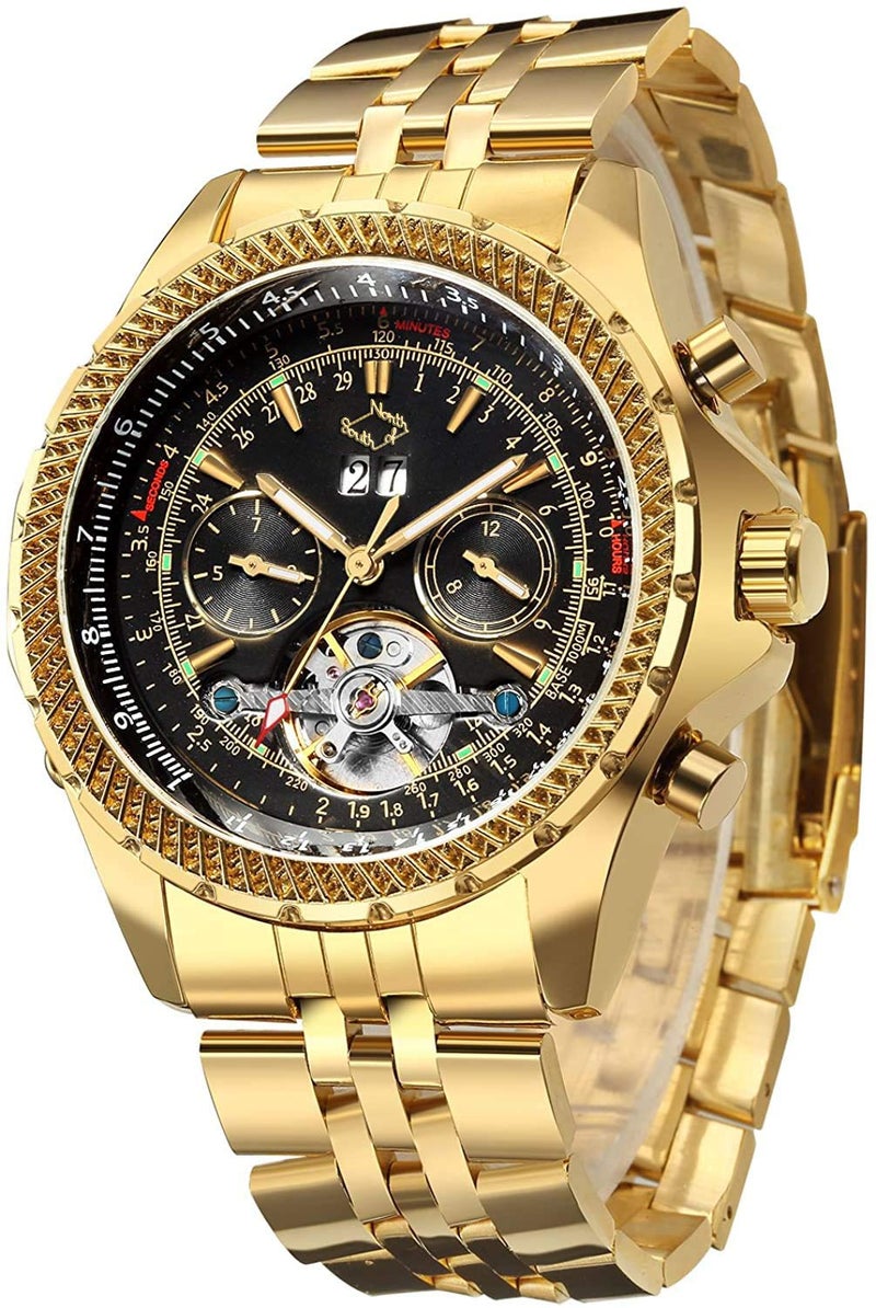 Gute Men's Automatic Watch, Luxury Gold Tone Stainless Steel Big Face Mens Multi Functional Mechanical Wristwatchâ€¦ - Image 1